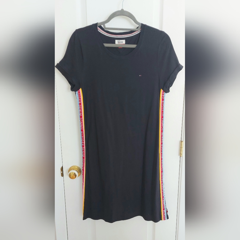 Tommy Hilfiger Navy Short Tee Dress with Red, Yellow & Blue Side Tape